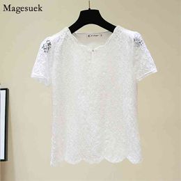 Plus Size Short Sleeve Lace Chiffon Blouse Women Summer Korean Style Solid Shirts Tops Loose Office Lady Blouses 4805 210512