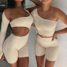 Women Sexy One Shoulder Hollow Out Jumpsuits Casual Fitness Bodycon Romper Elegant Solid Sport Playsuit 210428