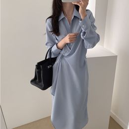 Irregular Shirt Skirt Dress Spring And Autumn Law Mid-Length Temperament Waist Office Women 210514