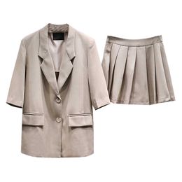 PERHAPS U Khaki Grey Black Notch Collar Blazer Women Two Pieces Set Suit Button Mini Short Pleated Skirt Half Sleeve T0440 210529
