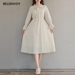 Arrival Autumn Women Midi Dress Flare Sleeve Polka Dot Printed Mori Girl Elegant Ruffled Collar Cotton A-line Vestidos 210520