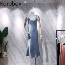 Korobov Korean Elegant Vintage Solid Women Silk Dress Summer Spaghetti Strap Dresses Sexy V Neck Korean Backless Vestidos 210430