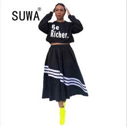 Product Spring Fall Fashion Women Set With Skirts Letter Printed Hoodies Sweatshirt Top Long Midi Pleated Dress 2 Piece 210525