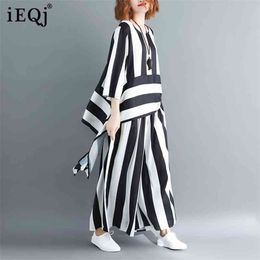 [IEQJ] Summer Women Round Collar Irregular Loose Hem Stripe Shirt Elastic Suit Casual Waist Two Piece Set BL641 210727