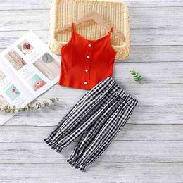 Summer Kids Clothing Sling Top+Plaid Trousers 2Pcs Girl Sets Children's Outfits Suit For s 210528