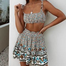 Inspired Women two piece dress women Bohemian mini cute dress cotton straps sleeveless beach summer dress new 210412