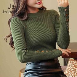 Women Button Long Sleeve O Neck Slim Basic Sweater Female Korean Style Warm Knitted Sweater Retro Pullover Casual Jumper 210518