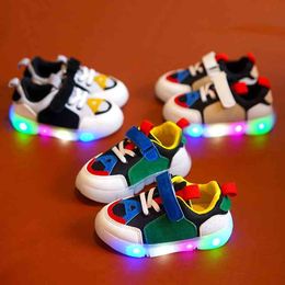 ! kids shoes led light spring autumn fashion casual children shoes boys girls flats patchwork PU mesh sneakers shoes 21-30 210713