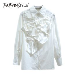 White Patchwork Bowknot Shirt For Women Lapel Long Sleeve Casual Loose Korean Blouse Female Spring Clothes 210524