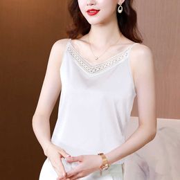 Korean Simmer Women's Shirt Chiffon Blouses for Women Sleeveless Female Top White V-neck Hollow Out Satin Shirts 210604