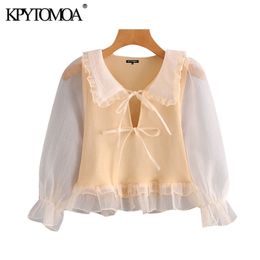 Women Sweet Fashion Patchwork Organza Cropped Knitted Blouses With Peter Pan Collar Female Shirt Chic Tops 210420