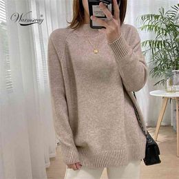 Women Mock Neck Pullovers Sweater High Quality Oversized Jumper Split Fall Winter Clothes Beige Purple Green 8 Colours C-232 210805