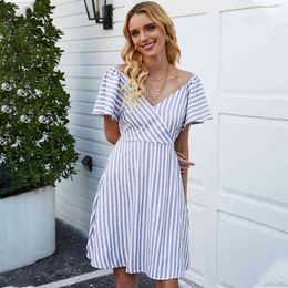 Women Sexy Boho Backless Striped Printed Mini Dress Flare Sleeve Hollow Out Back Tie Bow New Loose V Neck Summer Sundress 210412