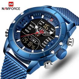 NAVIFORCE Mens Watch Top Luxury Brand Men Sports Analog Quartz LED light Digital Dual Clock Male Full Steel Military Wristwatch 210407