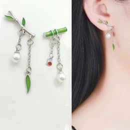 2021 Chinese Bamboo Leaves Fresh Asymmetric Drop Earrings Contracted Elegant Pearl Women Girls Wedding Earrings Jewellery