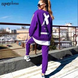 Free Women Loose Letter Sports Set Casual O-Neck Long Sleeve Pullover Sweatshirt & Pants Two-piece 210524
