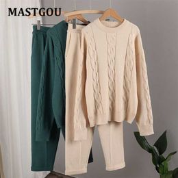 MASTGOU Two Pieces Sets Blue Knit Cashmere Sweater Tracksuits Women Harem Pants Oversized Casual Loose Clothing Suits Winter 211126