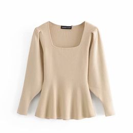 Elegant Women Solid Square Collar Sweater Fashion Ladies Flare Knitted Tops Streetwear Female Sweet Pullovers Chic Girl 210427