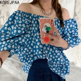 Korejpaa Women Shirt Summer Korean Retro Age Reducing Floral One-Neck Off-The-Shoulder Loose Nine-Point Puff Sleeve Blouses 210526