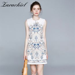 Fashion Designer Women Flower Print Sleeveless Tank for Summer Arrival Ladies Retro A-Line Mini Dress Vestidos 210416