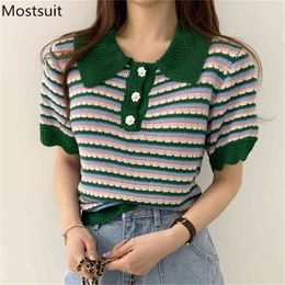 Summer Striped Knitted Sweater Knitwear Women Short Sleeve Turn-down Collar Buttons Pullover Tops Korean Vintage Fashion Jumpers 210513
