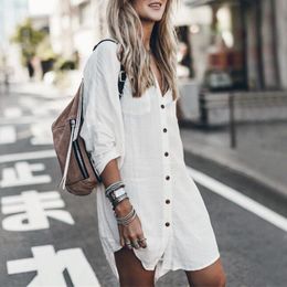 Casual Dresses Buttoned Pockets Shirt Dress Women Solid Tunic Long Sleeves Shirts Harajuku Short Vestido Camisero Mujer