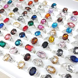 Wholesale 30pcs/lot Fashion Colorful Imitation Gemstone Geometric Silver Plated Rings Jewelry For Women Mix Style Party Gifts