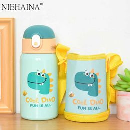 400ml Kids Thermos Mug With Straw Stainless Steel Dinosaur Vacuum Flasks Children Cute Thermal Water Bottle Tumbler Thermocup 210615