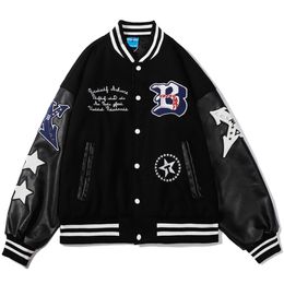 Hip Hop Baseball Jacket Coat Men Letter B Embroidery Leather Sleeve Varsity Bomber Biker Punk Vintage Fashion College 211214