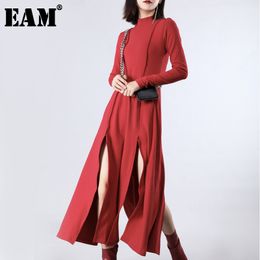 [EAM] Women Red Vent Split Joint Long Temperament Dress Turtleneck Long Sleeve Loose Fit Fashion Spring Summer JZ343 21512