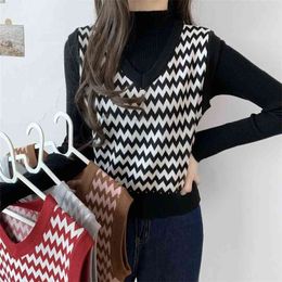 V-neck vest female spring and autumn Korean hooded sleeveless retro Colour matching sweater 210427