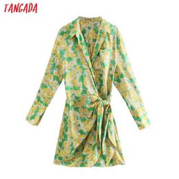 Tangada Fashion Women Green Flowers Print Shirt Dress Long Sleeve Bow Office Ladies Mini Dress 3H325 210609