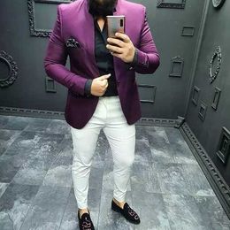 Purple Mens Suits With White Pant One Button Slim Fit 2 Pieces (Tuxedos Jacket+Pants) Wedding Groom Tuxedos Prom Suit Blazer X0909