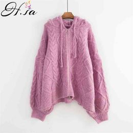 H.SA Winter Fashion Women Hooded Cardigans Twisted Pink Knitted Oversized Sweater Coat Female Zipper Ponchoes 210417