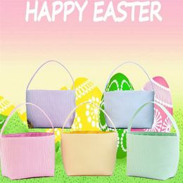 5 Colors Seersucker Stripe Easter Buckets Festive Kids Candy Bag Clothes Storage Basket Outdoor Portable Picnic Bags Festival Decoration