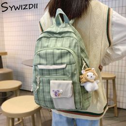 SYWIZDII Kawaii Backpack for Women Large Capacity Multi-pocket Cotton Female Schoolbag Preppy Style Plaid Teenage Girls Rucksack Y0804