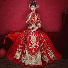 phoenix suit UK - Red Embroidery Style Formal Dress Royal Phoenix Wedding Cheongsam Vintage Chinese Traditional Bride Tang Suit Qipao Ethnic Clothing