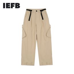 IEFB Functional Style Solid Colour Multi Pocket Casual Overalls Men's Fashion Casual Pants With Belt Loose Straight Pants 9Y7484 210524