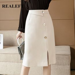 Work Wear Women' Skirts Vintage Side Split Korean OL Style High Waist Button Midi Length A-Line Female 210428