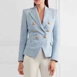 High Quality Fashion Ladies Light Blue Blazer Notched Long Sleeve Double Breasted Buttons Cotton Office Jacket Women Blazer 2019 X0721