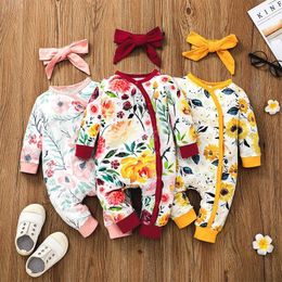 kids Rompers Girls Flower print Romper infant Toddler Floral Jumpsuits with Headband Spring Autumn Fashion baby Climbing clothes