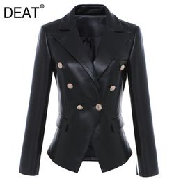 V-neck Collar Long Sleeve Double Breasted Solid Black Synthetic Leather Fitting Suit Coat Spring GX728 210421