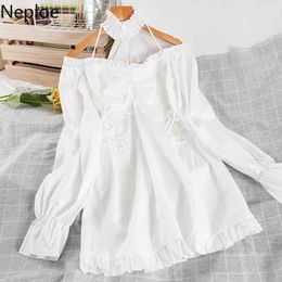 Neploe Sexy Halter Mini Dress Off Shoulder Ruffles Temperament Vestidos Fashion Clothes Robe Cute Sweet White Dresses for Women 210422