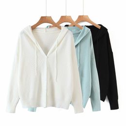 Casual Woman Oversized Solid Colour Hooded Cardigan Fashion Ladies Single Breasted Knitwear Female Sweet Loose Hoodies 210515