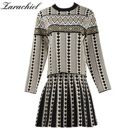 Autumn Winter Vintage Geometric Jacquard Knitted 2 Piece Set Women Sweater Pullover Top + A-line Ball Gown Mini Skirts Sets 210416