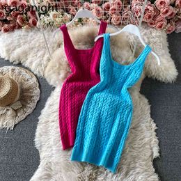 Gaganight French Square Collar Knitted Dress Women Backless Sexy Wrap Bodycon Club Party Dress Summer Sleeveless Mini Tank Dress 210519