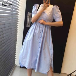 Summer Short Sleeve Women Dress with Lace Vintage Single Breasted Party Belt Loose High Waist Female es 14072 210508