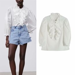 Women Summer Vintage White Blouses Shirts Tops ZA Long Sleeve Cascading Ruffle Buttons Female Fashion Top Clothes Blusas 210513
