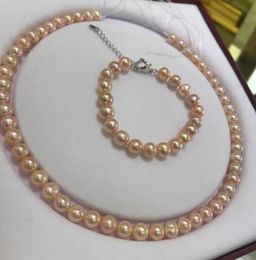 9-10mm South Sea Gold Pink Pearl Necklace 18inch & Bracelet 7.5-8inch 925 Silver Clasp Choker