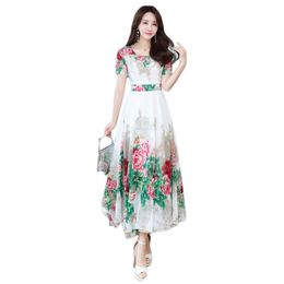 Summer dress women white chiffon print short sleeve Korean fashion o neck slim maxi dresses with lining feminina LR796 210531